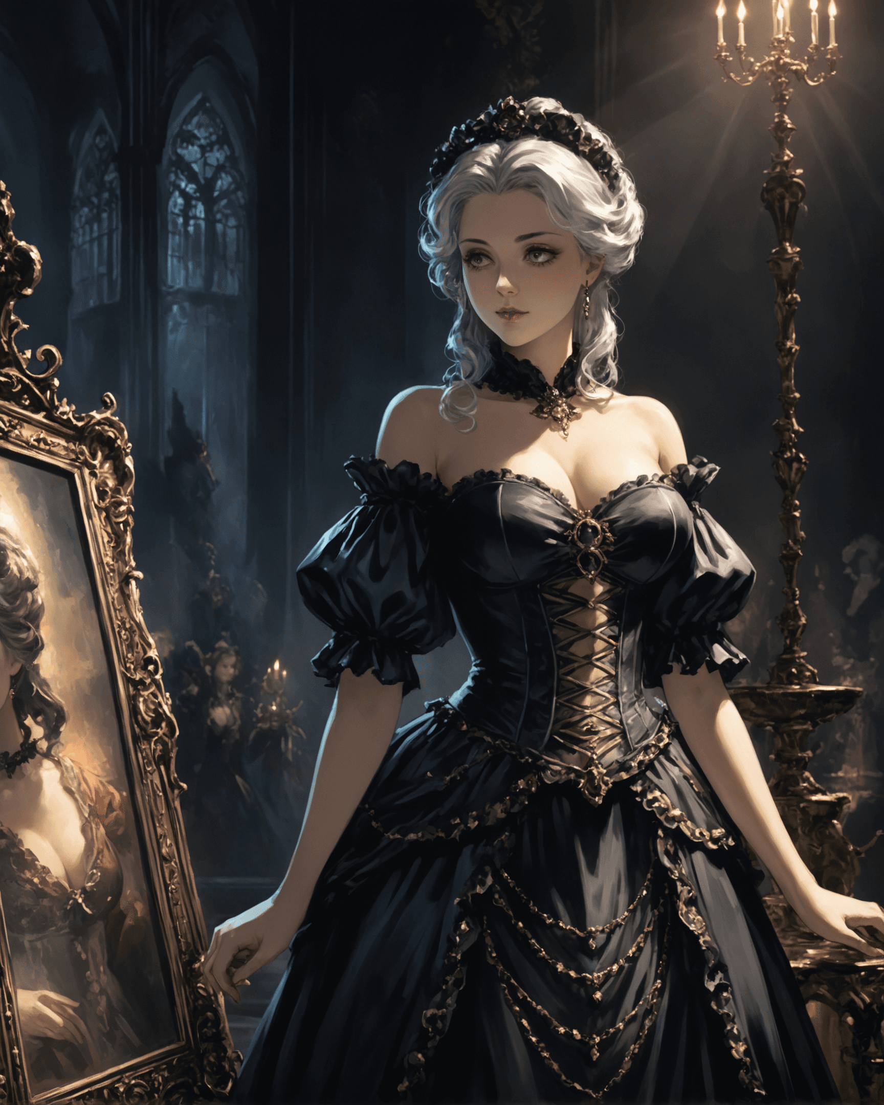 AI generated: comic niji, painting, large Female, Grim, Alternative Art, Reflected light, Depth of field 100mm, Da...