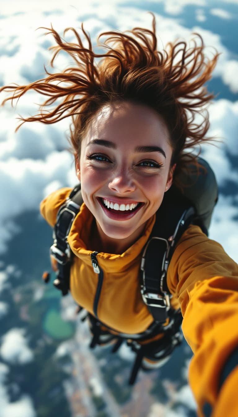 AI generated: 
Go back
female parachutist, jumping from plane, smile, selfie, motion, full body visible, detailed ...