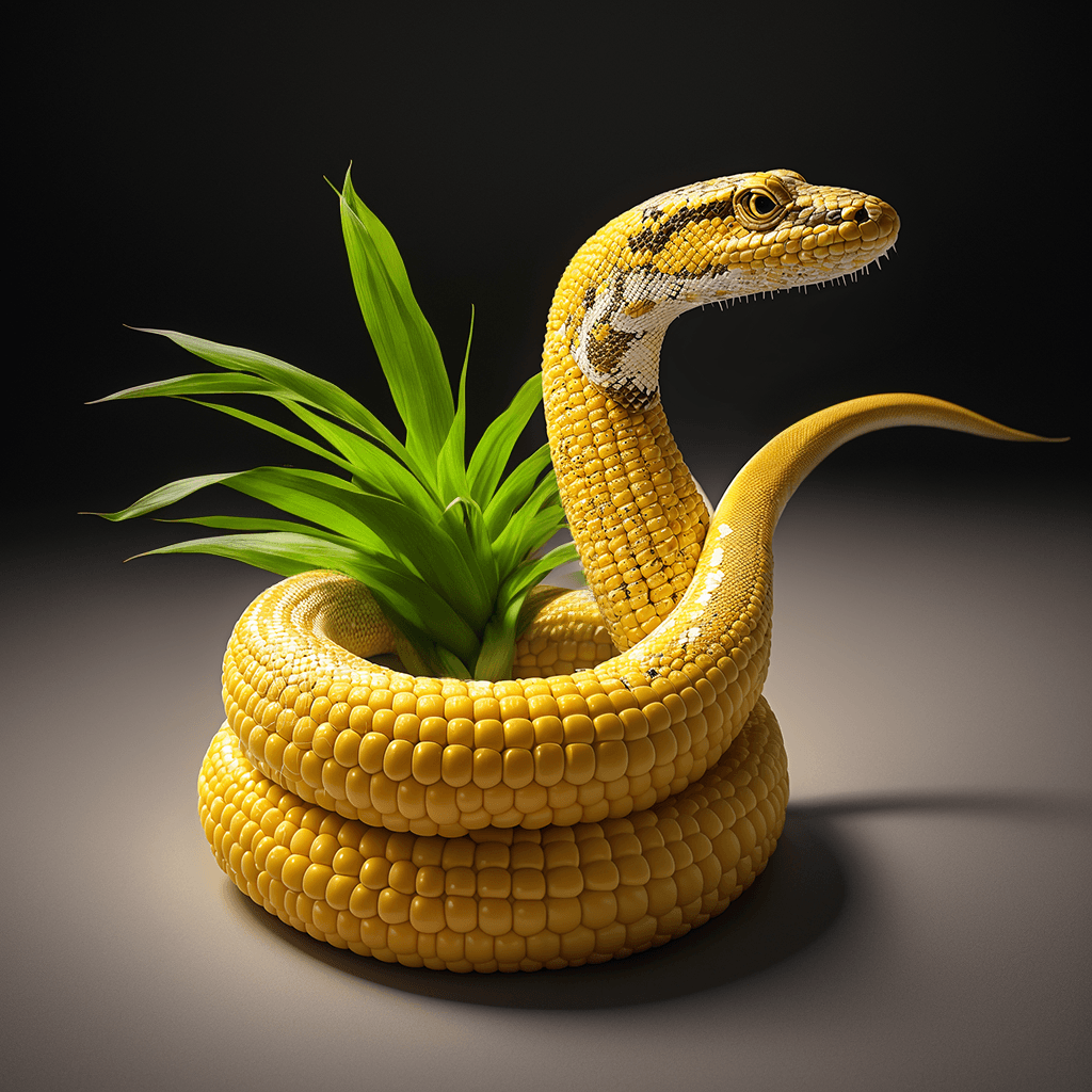AI generated: concept art of an unusual hybrid of corn and python and corn, a snake made of single corn , neo-dada...
