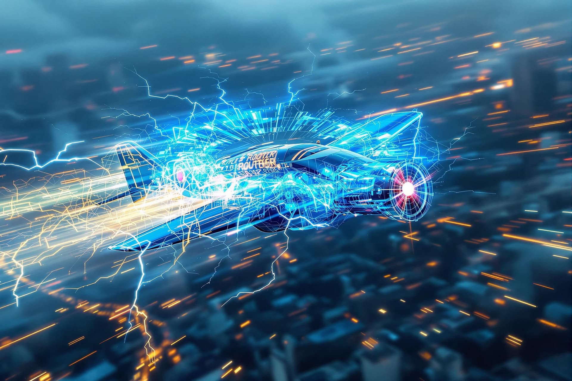 AI generated: The (flying motor vehicle with Rotors propeller) is a translucent fractal emitting a glowing shell o...