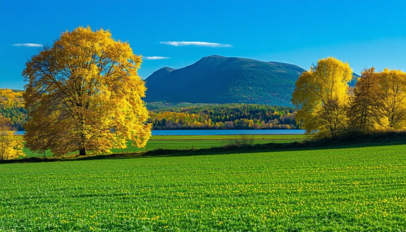 AI generated:  green, teal, yellow, azure, gilded, detailed, botanic A lustrous blue sky stretches overhead, a vib...