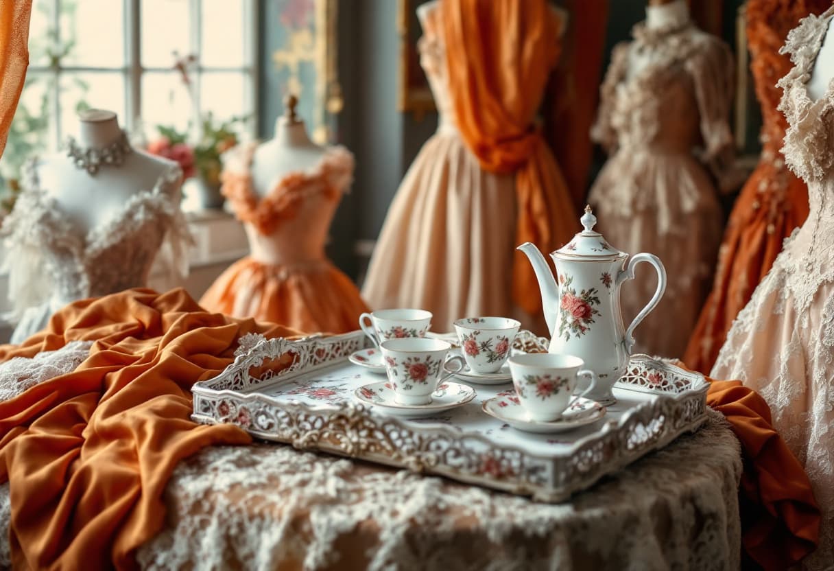 AI generated: A Victorian Couture Atelier's view of a tea tray with decorated cups and teapot, set amid dress form...