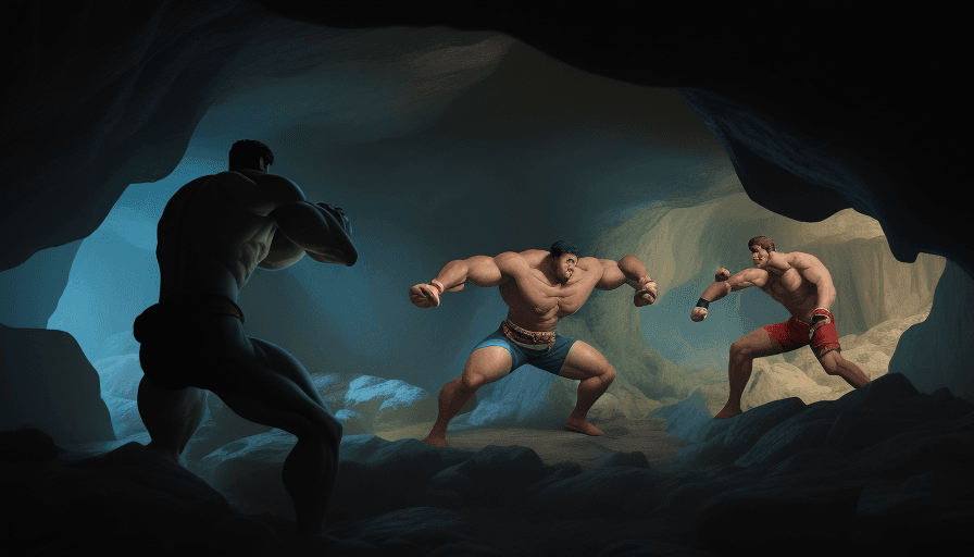 AI generated: giant men fighting in a cave, muscles, zach king, masters, 8k, nanites, no errors, perfect