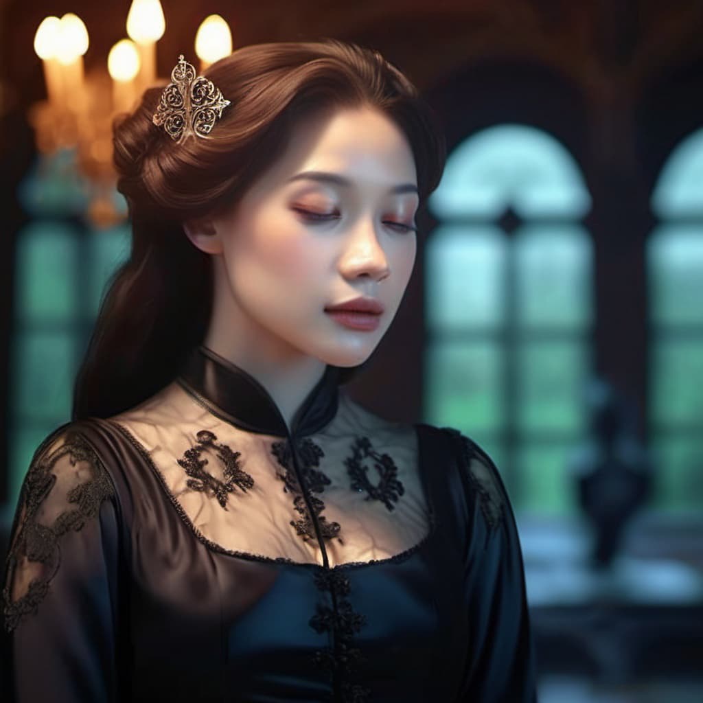 AI generated: dreamy atmosphere, dark fantasy, Baroque style, Baroque palace, Ghost effect, elegance woman, artwor...