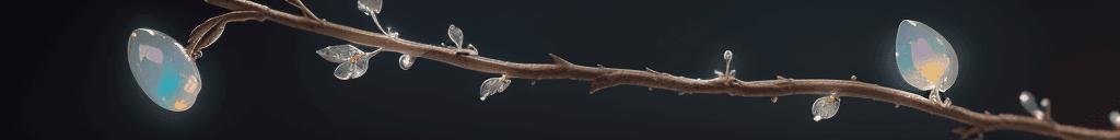 AI generated: a delicate orrange made of opal hung on branch in the early morning light, adorned with glistening d...