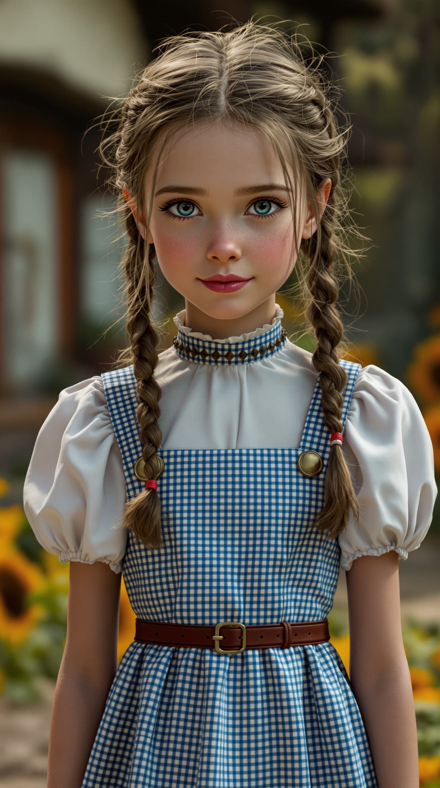 AI generated: A hyper-realistic depiction of a ten year old Diane Ryan dressed in the style Dorthey, from the Wiza...
