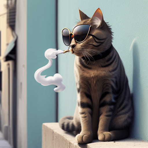 AI generated: A cat with a sunglasses smoking a cigarette on a wall