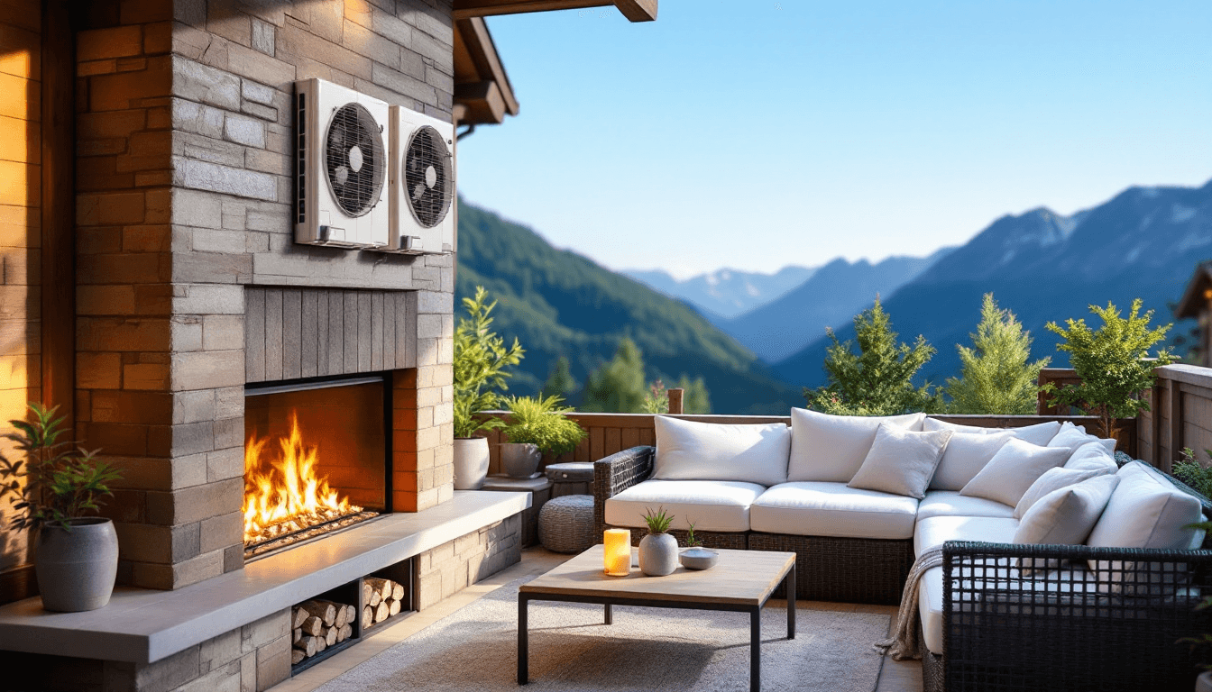 AI generated: A cozy outdoor living space with a large gas fireplace. The fireplace is the centerpiece of this are...