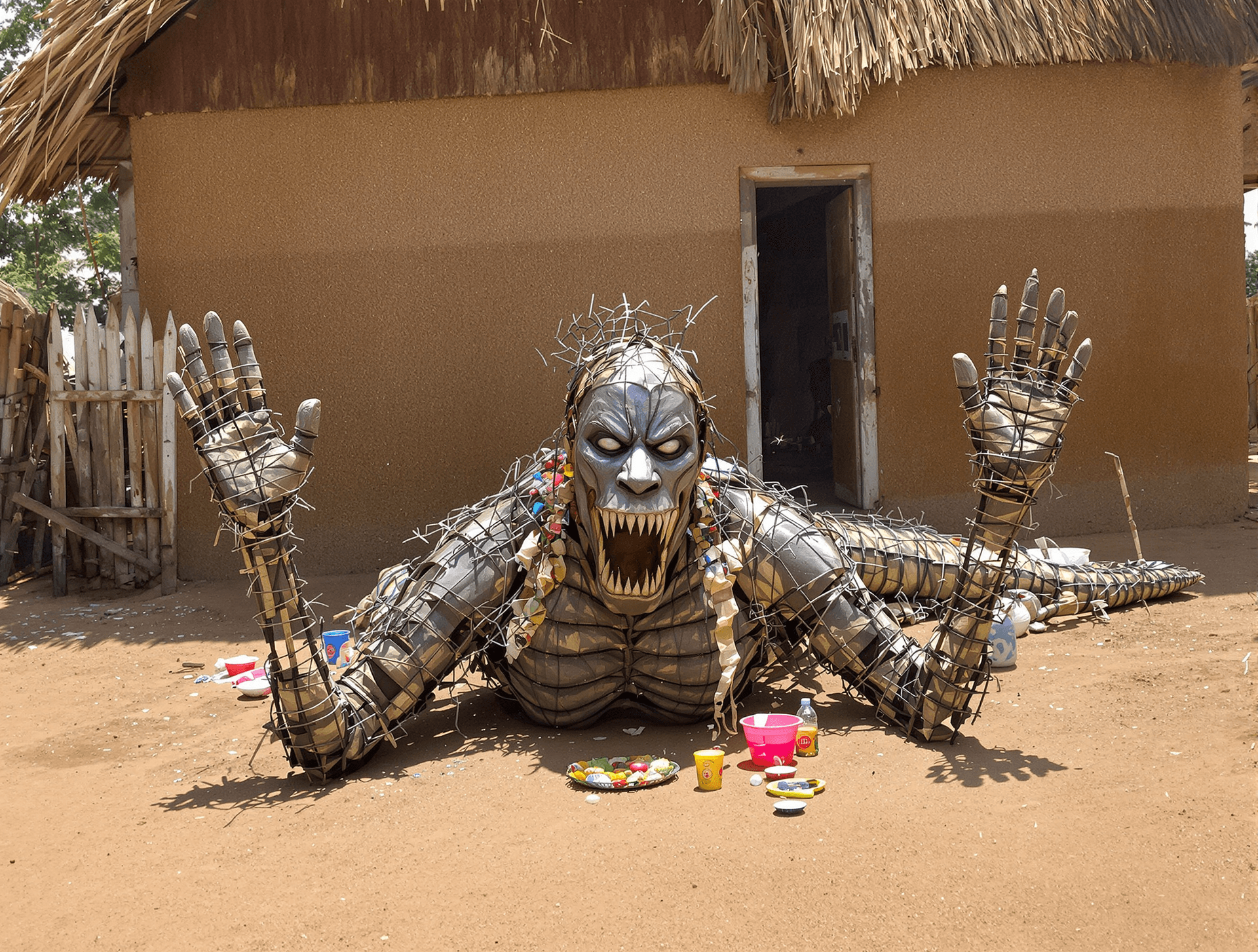 AI generated: create an atmospheric photorealistic image of a figure like an African man but made of wood, rusty m...
