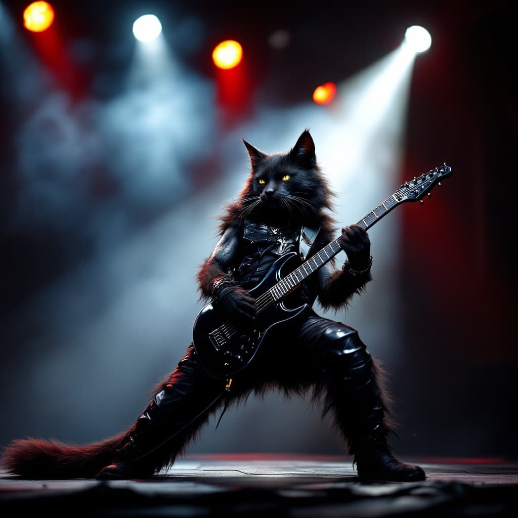 AI generated: Real photograph of a black wolf playing an electric guitar, the cat looks like a rocker, it is on a ...