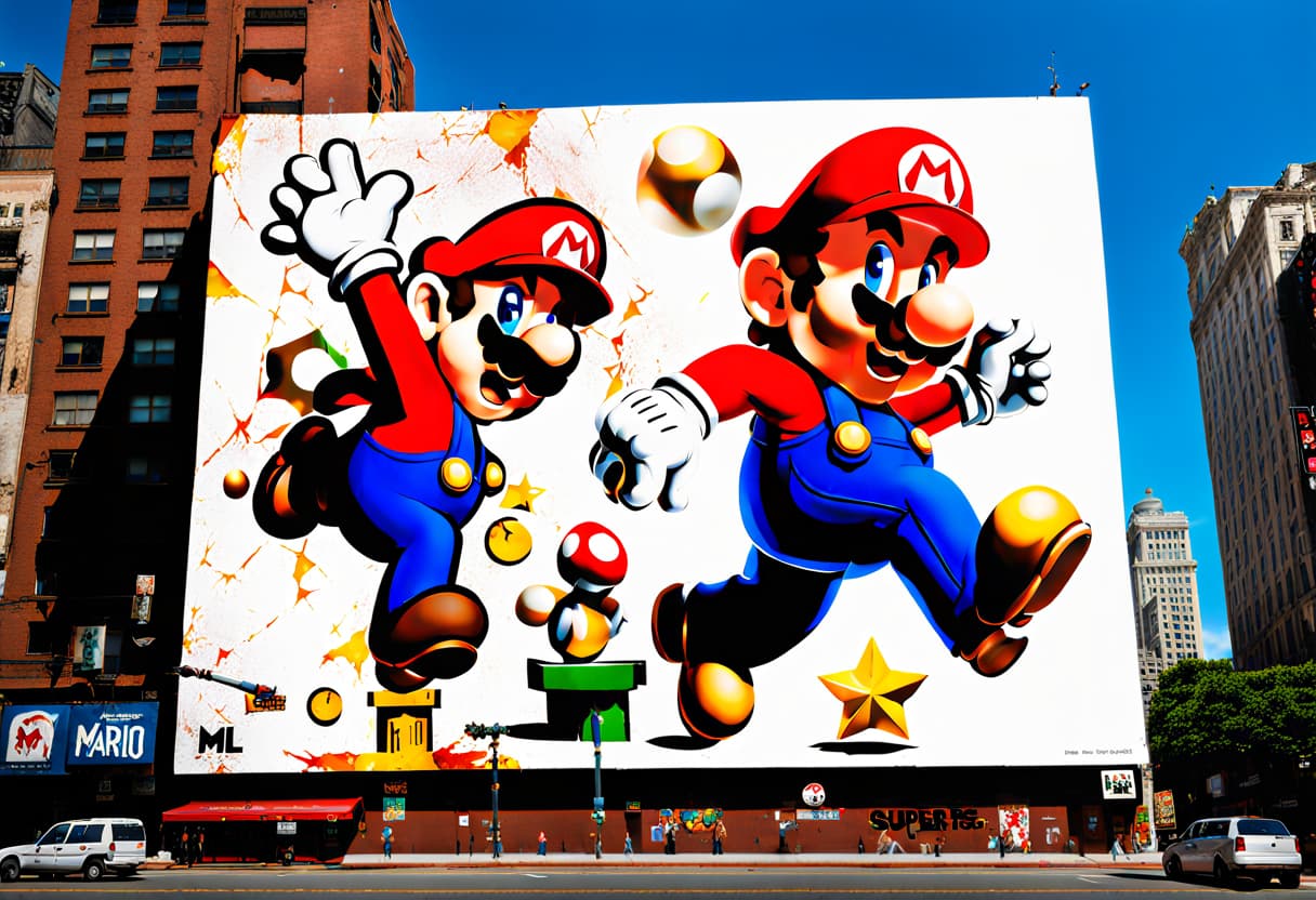 AI generated: Super Mario Bros movie poster on a huge billboard, tattered, Super Mario character, the iconic look,...