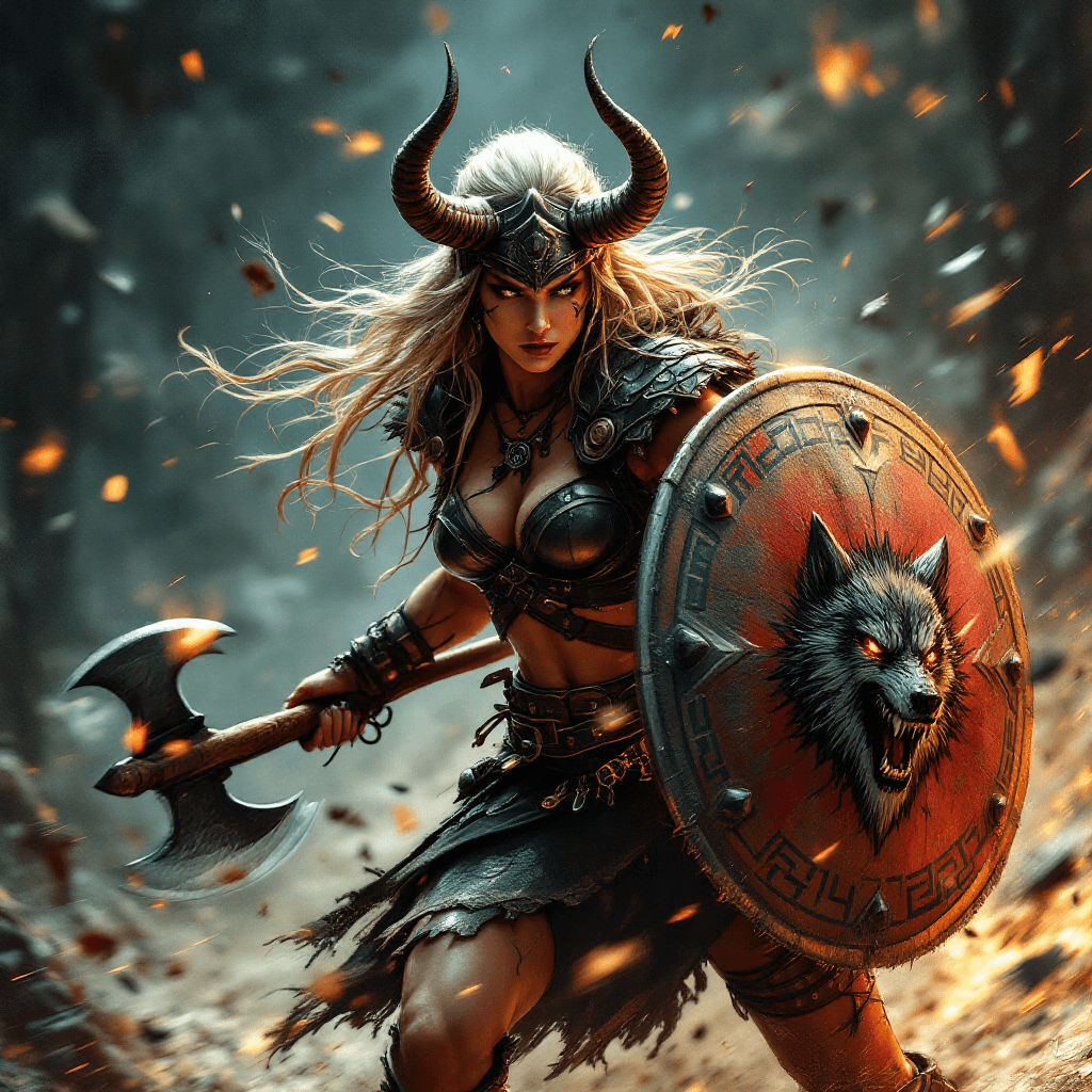 AI generated: The Norse Valkyrie Marauder, a Dynamic Action Shot: Atmosphere: Fierce, aggressive, and filled with ...