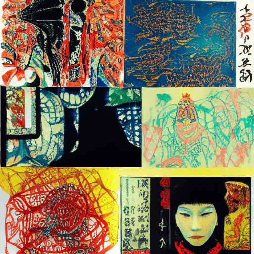 AI generated: •	Robert Rauschenberg Yoshitaka Amano monotype Lithography minimalistic Kimaira Baku Yumemakura colo...