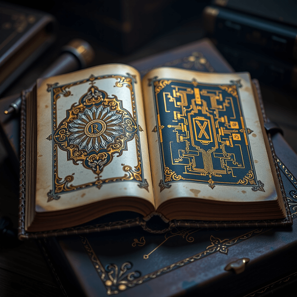 AI generated: An antique, leather-bound book lying open. The cover is an intricate PCB design with glowing runes m...