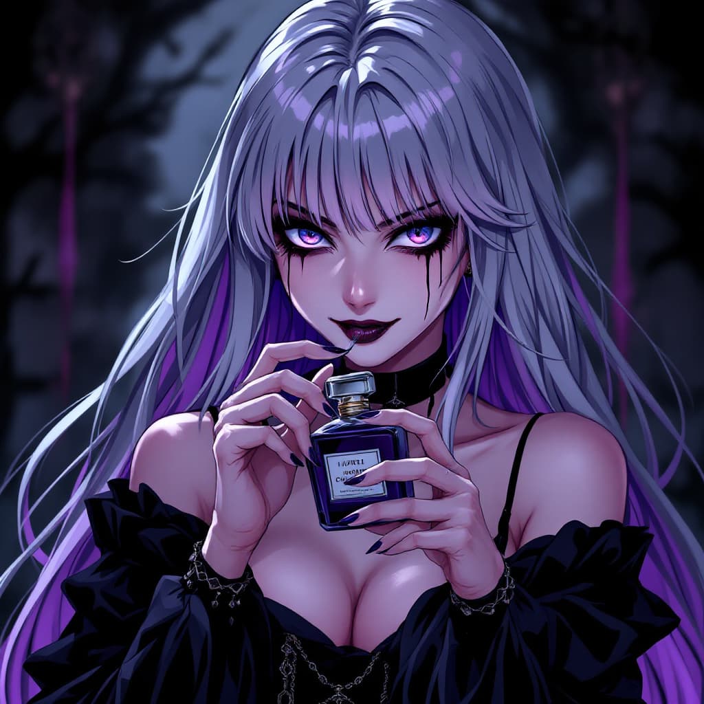AI generated: A gothic, mysterious female character
with long silver hair that fades into a
purplish-white hue at ...