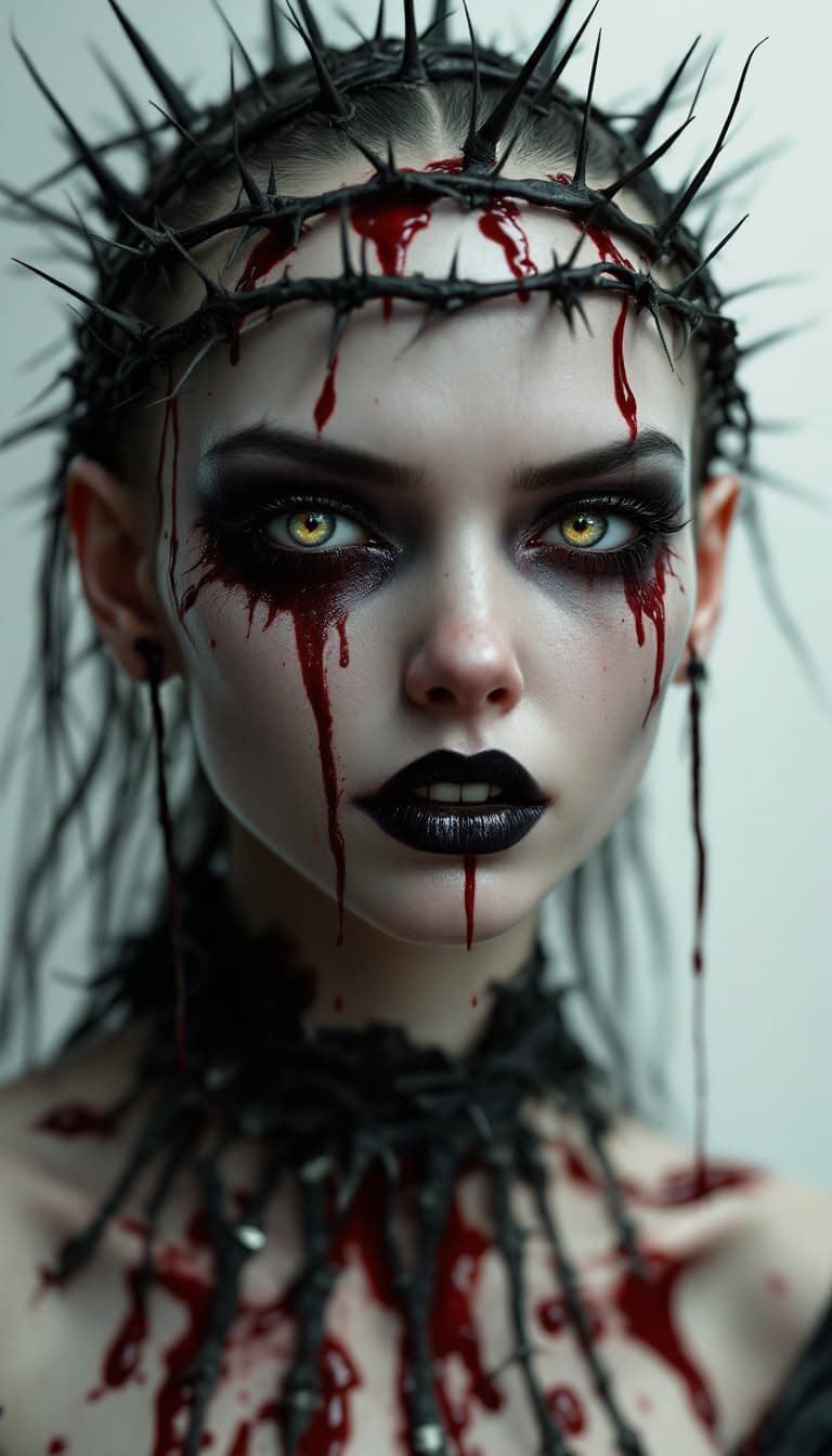 AI generated: 3d model, a beautiful skinny furious goth girl with a crown of thorns, more spikes puncturing her sk...