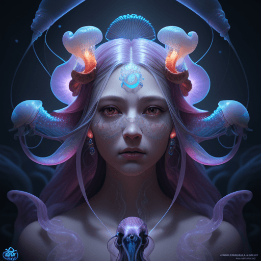 AI generated: Goddess close-up portrait ribcagel. jellyfish phoenix head, nautilus, orchid, skull, betta fish, bio...