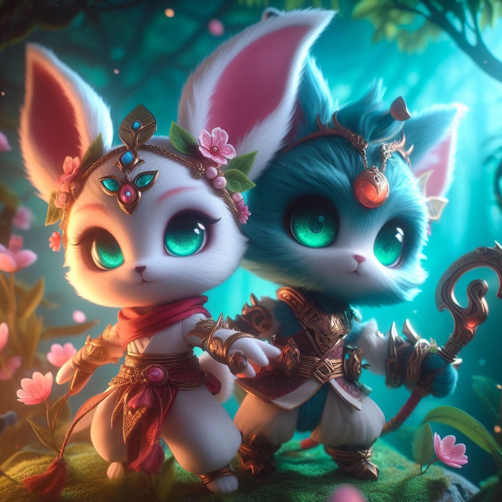AI generated: "Capture Spirit Blossom Teemo and Cottontail Teemo in a hyper-realistic photograph set amidst a sere...