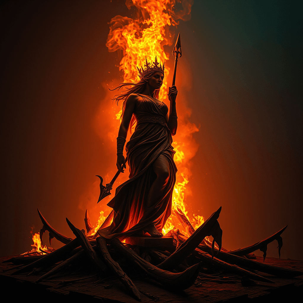 AI generated: burning statue sculpture designed by daniel popper, bonfire ritual on the summer solstice, purificat...
