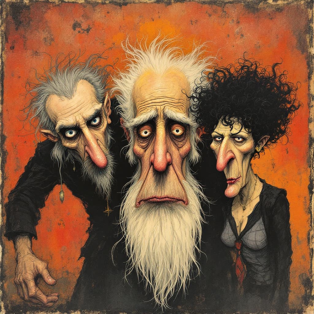 AI generated: mind, honor and conscience, three funny figures, caricature funny in the style of sergio toppi and l...