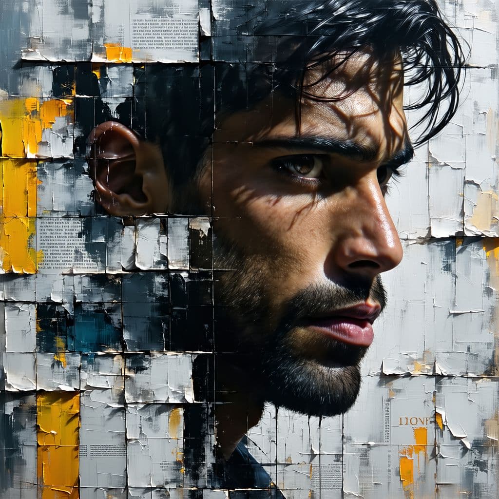 AI generated: Distressed, torn poster art of a brooding dark-skinned male figure with a soulful gaze, dark hair, a...