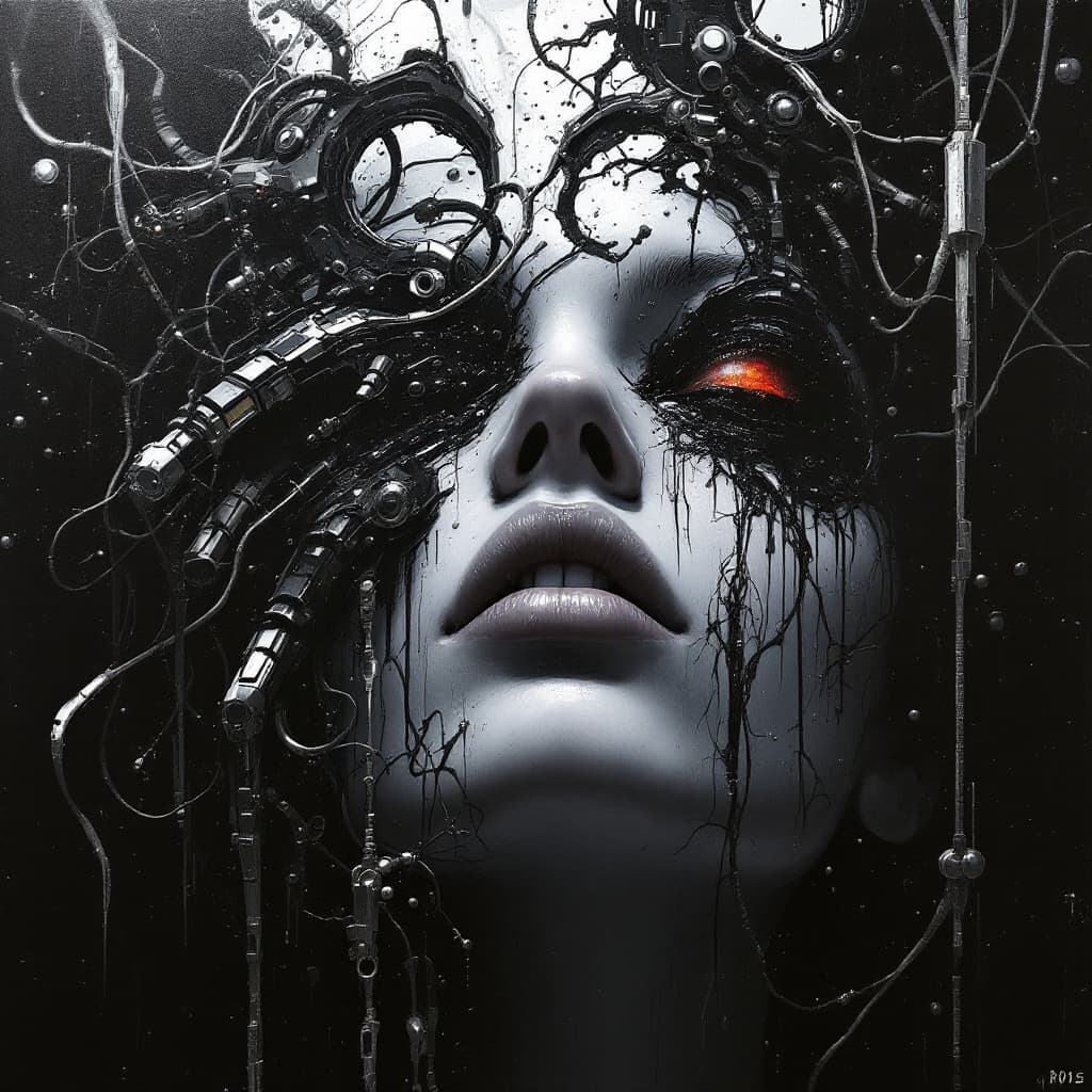 AI generated: artistique, peinture à l'huile, vue de face, haut du corps, brossé épais, science-fiction, humain mé...