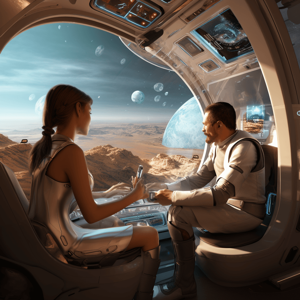 AI generated: general view of the interior of a spaceship with some windows to observe, planet mars outside, insid...