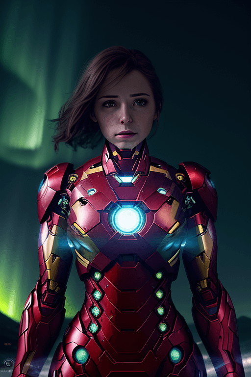 AI generated: A stunning portrait of a female Iron man descending, aurora borealis in the background, centered| in...