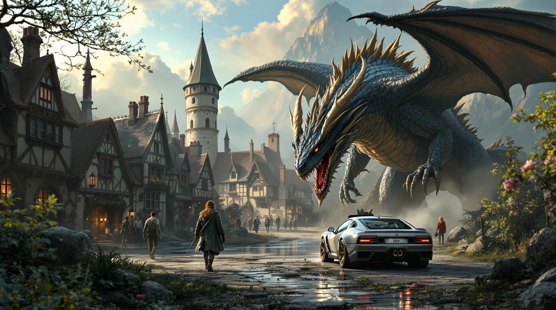 AI generated:  a scenerie,featuring a medieval village and habitant , with a dragon facing ,a car ,fearing the unu...
