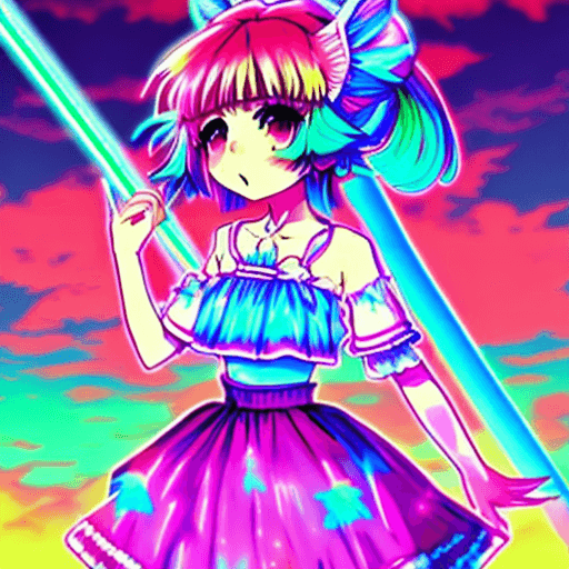 AI generated: Cirno en face
 Touhou esta con el fondo de retrowave con colores vaporwave y neon brillando reflejan...