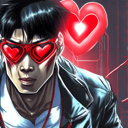 AI generated: A muscular Korean man with wild, crazy black hair, wearing heart-shaped red glasses. He is cyberneti...