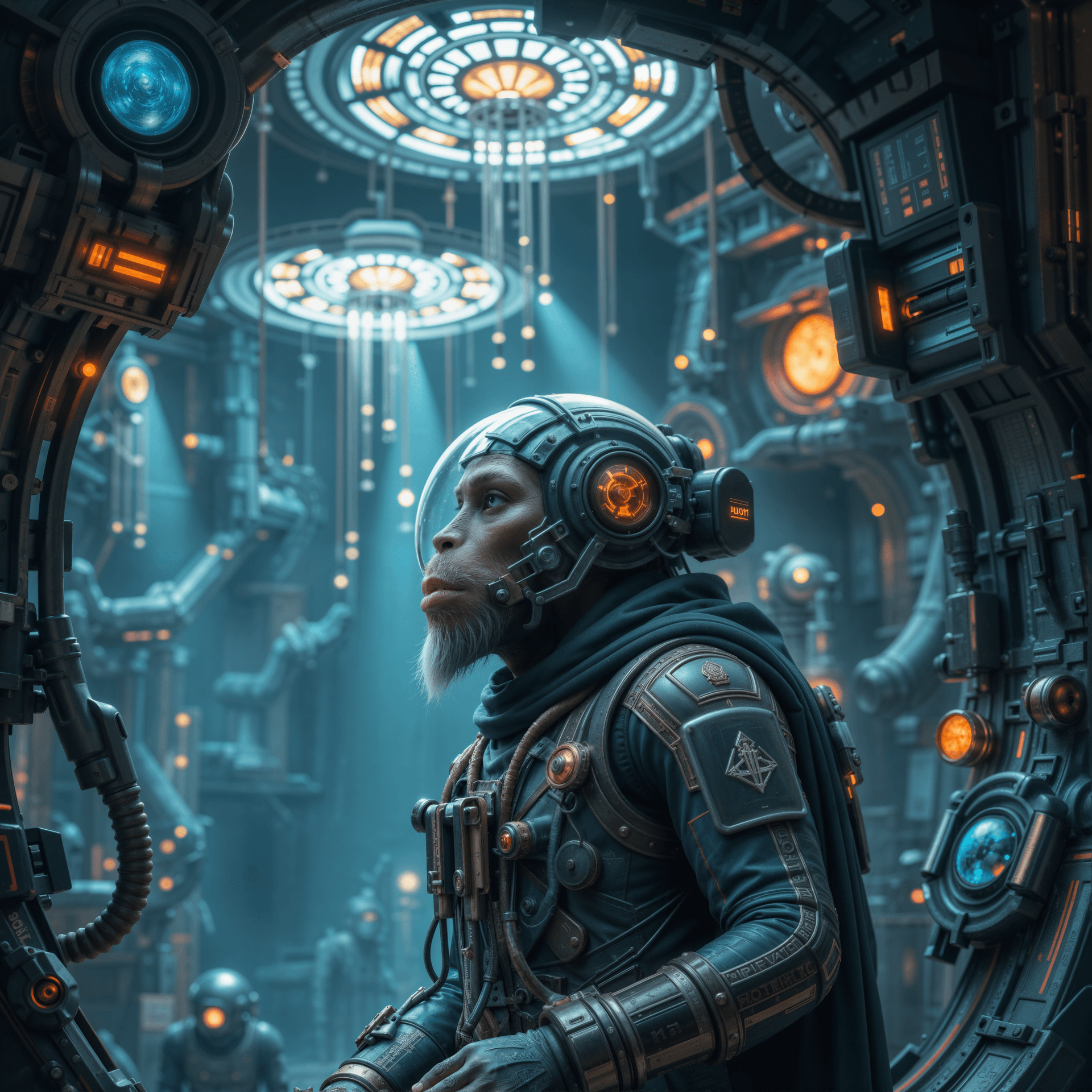 AI generated: In an abstract illustration, a surreal image featuring our protagonist humanoid monkey adorned in hi...