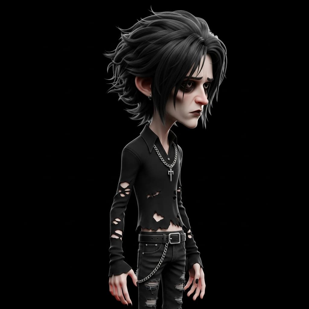 AI generated: a dark-haired boy, gothcore, zbrush, character caricatures --chaos 75 --ar 1:2 --profile n19tbh9 --s...