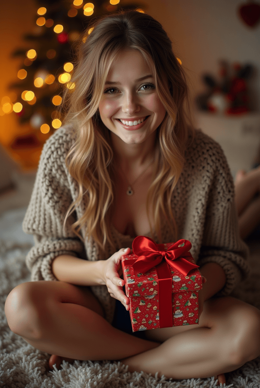 AI generated: very beautiful girl,christmas scene,"merry christmas" on a little sign,present,christmas look,full b...
