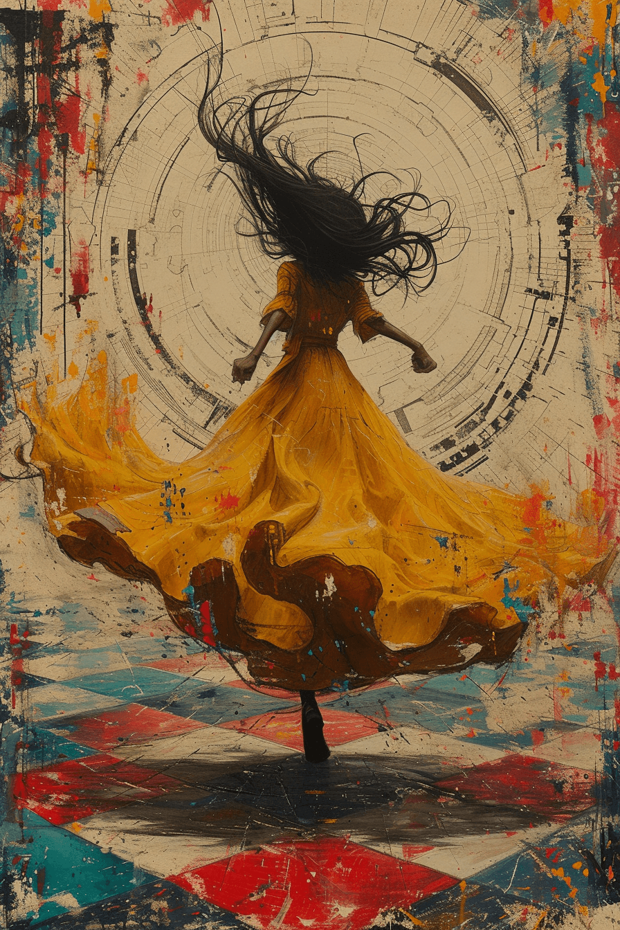 AI generated: a girl in a yellow dress dances on a checkered floor, in the style of mixed media chaos, erased and ...