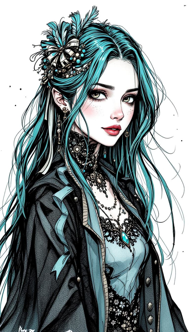AI generated:  A steampunk era ink illustration with messy lines and ink bleed. A woman with long, flowing, turquo...