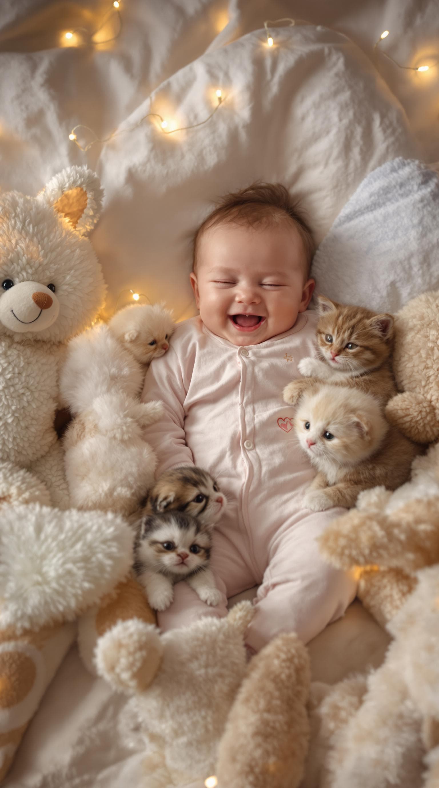 AI generated: A hyper-realistic image of an adorable baby in soft pajamas, lying in a cozy bed surrounded by fluff...