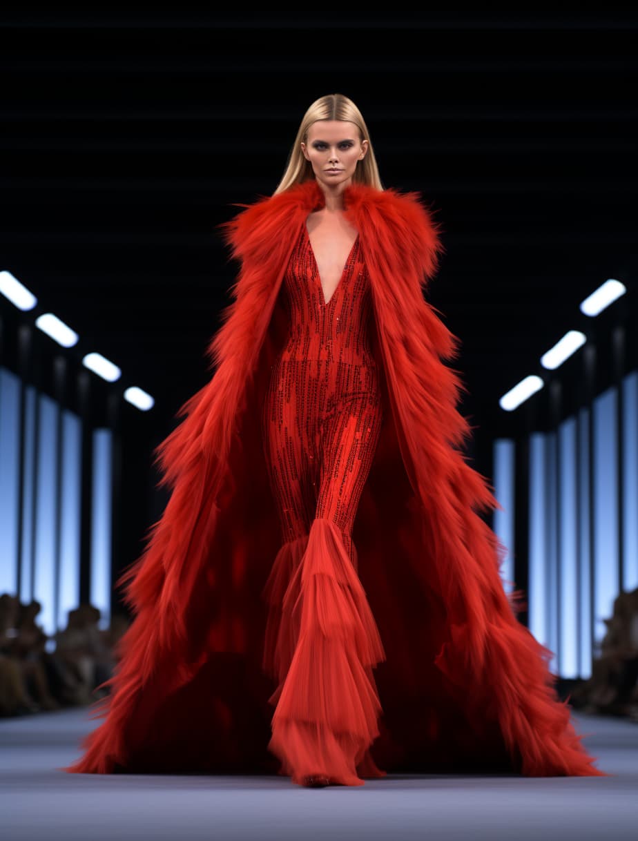 AI generated: a woman in a red dress walking down a runway, fur cape, elize theron, artforum, fernand keller, sony...