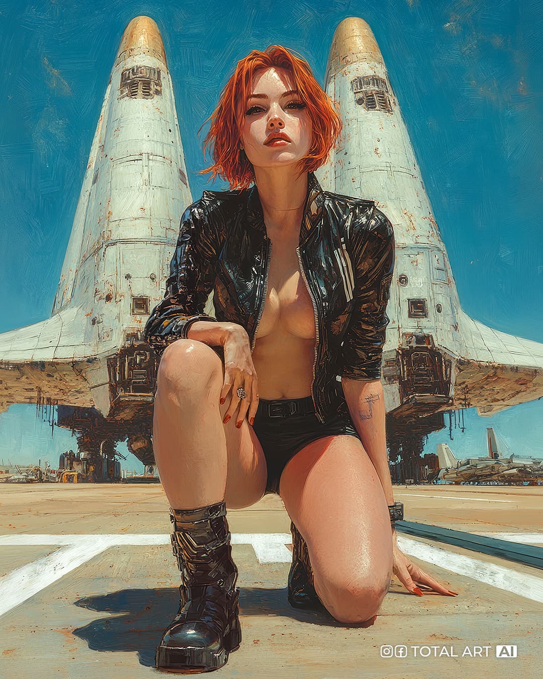 AI generated: Photorealistic comic book cover illustration, full body shot of a beautiful young woman with short r...