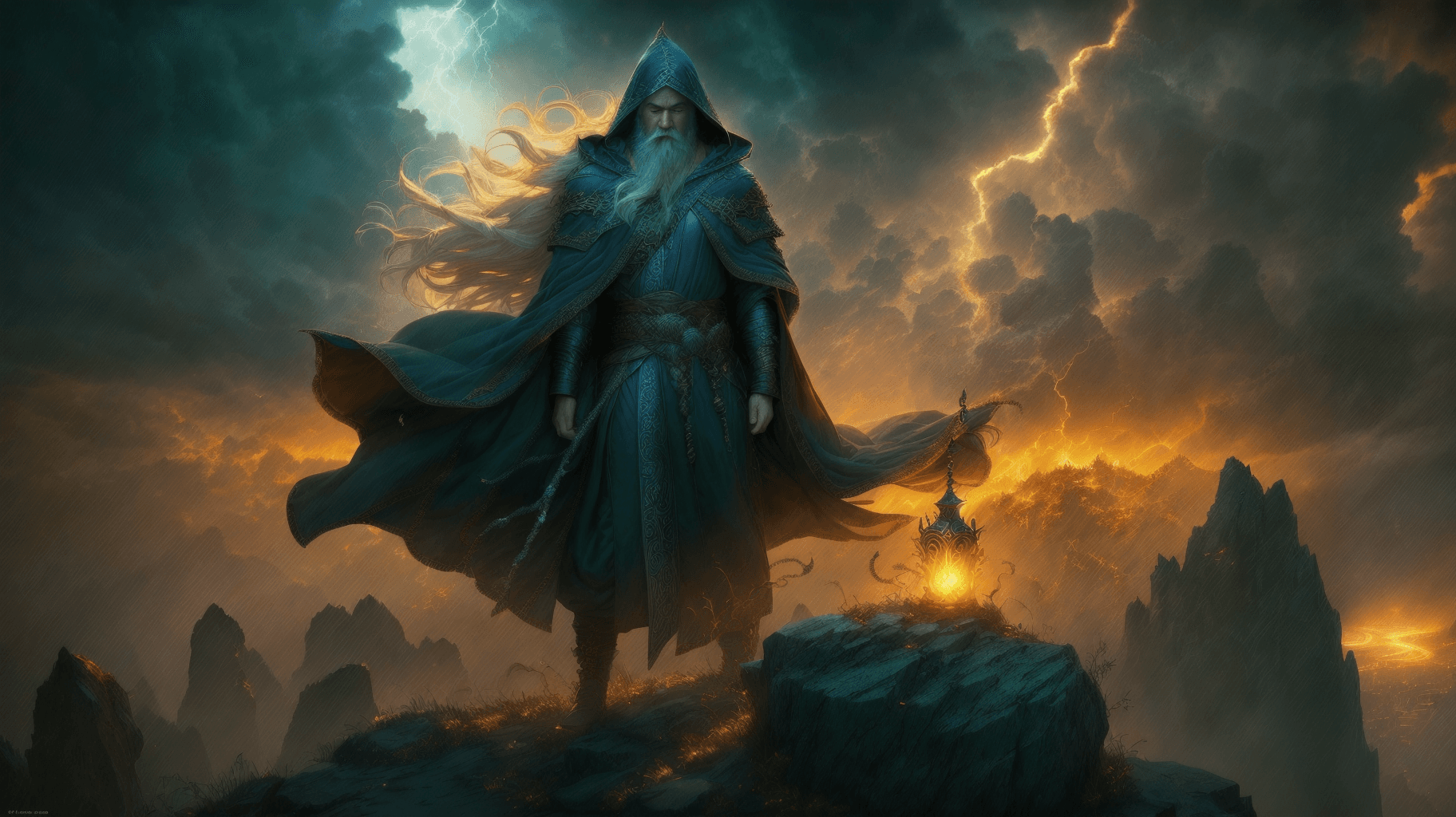 AI generated: Ancient, wise wizard standing atop a rocky cliff, powerful long white beard flowing in the wind, pie...