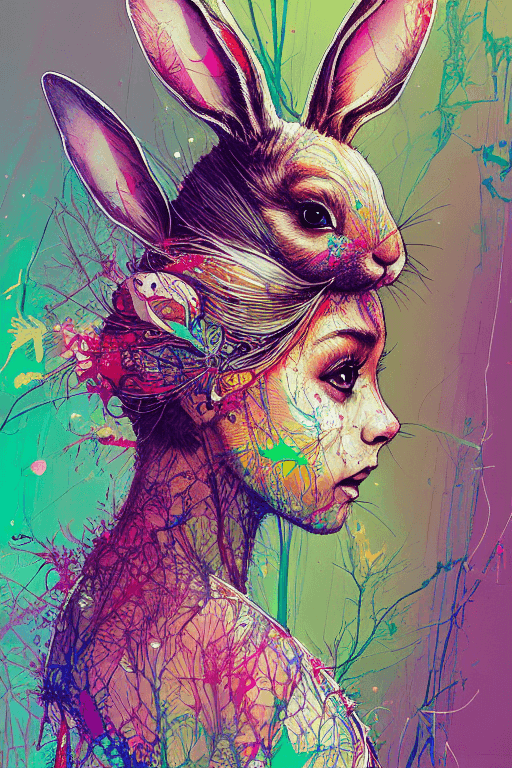 AI generated: A visual stunning photography of the easter bunny as a girl, a bunny, easter eggs| centered| key vis...