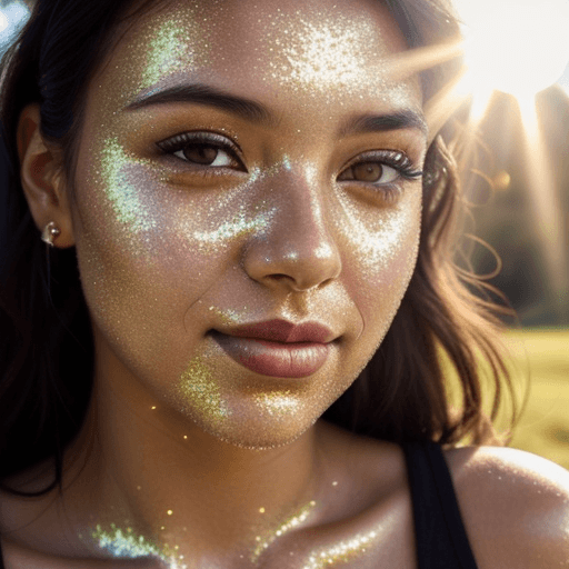 AI generated: close up portrait of woman looking towards the bright sun, glitter on her face, sun rays, glowy skin...