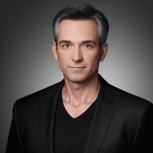 AI generated: 8k Linkedin professional headshot photo of a slim white man in his 40s in a black blazer with black ...