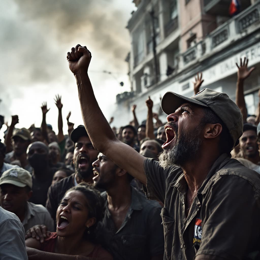 AI generated:  "A high-resolution image showing a peaceful protest by Cuban workers, capturing intense emotions an...