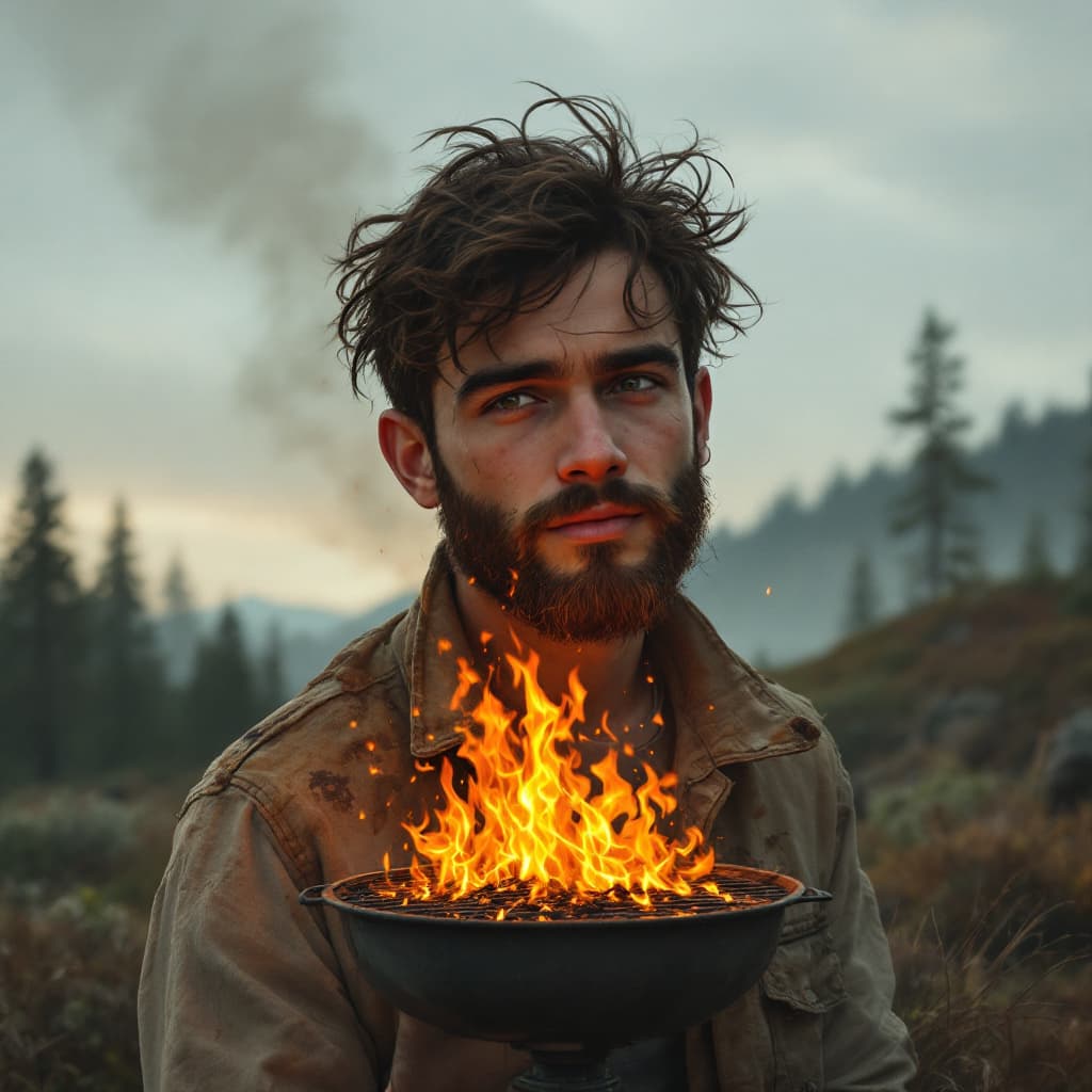 AI generated: make a guy with a small beard using a barbacue that is on fire in the middle of nature, with a text ...