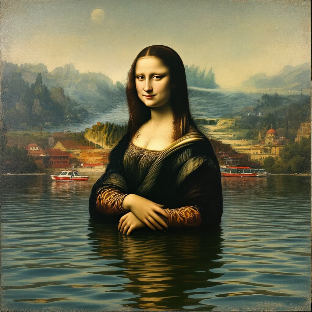 AI generated: Mona Lisa stands in the water, in the style of light beige and red, hustlewave, vacation dadcore, ta...