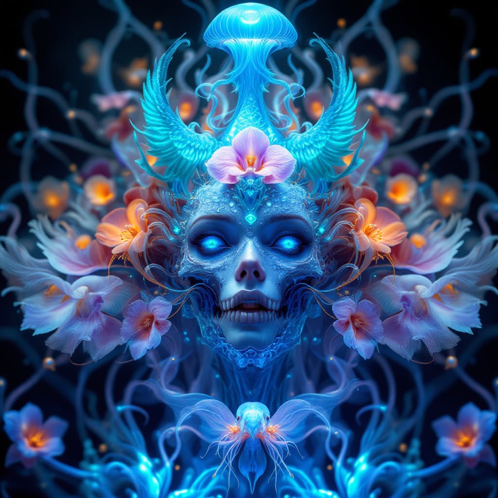 AI generated: Goddess close-up portrait ribcagel. jellyfish phoenix head, nautilus, orchid, skull, betta fish, bio...