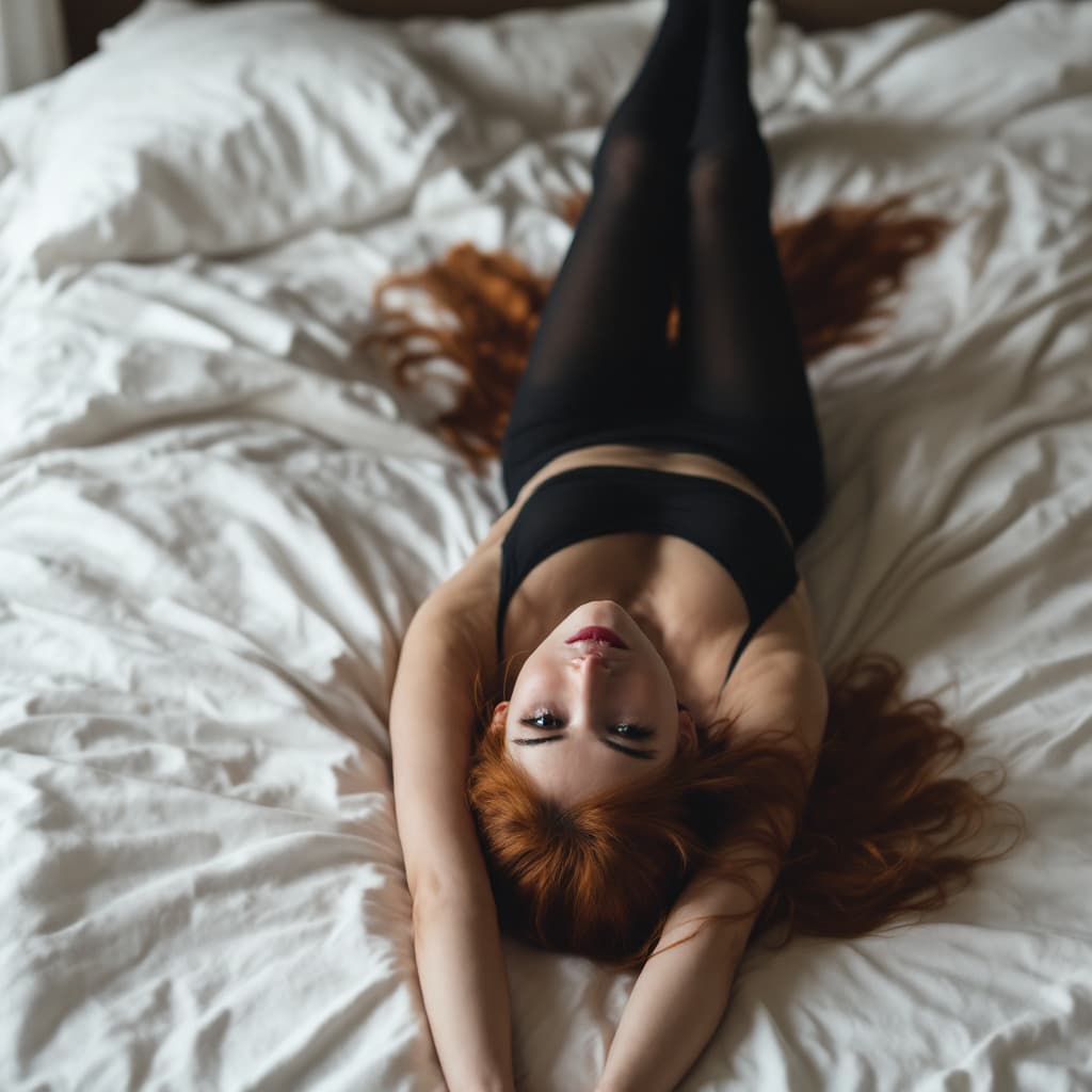 AI generated: A 25 years old girl with redhair wearing black tights is lying on a bed with her spread legs .She is...