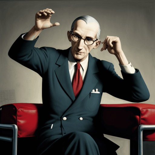 AI generated: Hyper realistic le corbusier raising his left arm