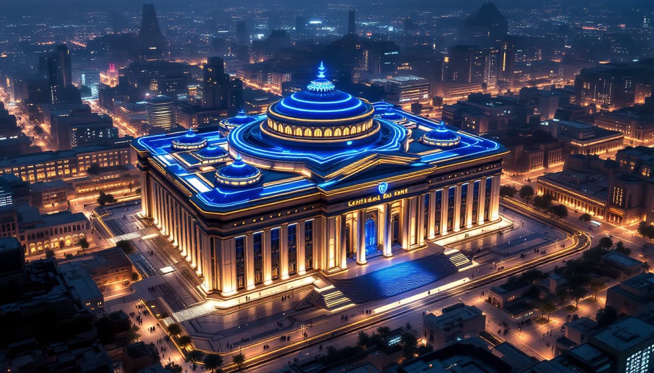AI generated: The Central bank as seen from above : this imposing building in the busy center of a futuristic city...